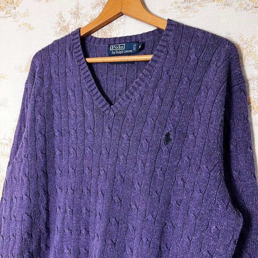 Vintage 90s Ralph Lauren Cable Knit Sweater | Purple Tussah Silk | XL